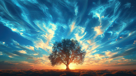 Lonely tree standing in the middle of vast green plains, dramatic sky with rolling cloudsの素材