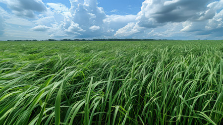 Vast open green fields with tall grass swaying in the breeze, distant tree line on the horizonの素材