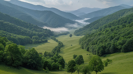Lush green fields bordered by distant mountain ranges and thin mist clinging to the foothillsの素材