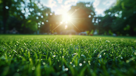 Open pastures of rich green grass stretching to the horizon, soft sunlight filtering through thin cloudsの素材