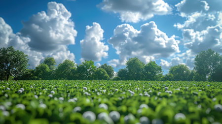 Open plain of bright green grasslands under vast skies filled with fluffy cumulus cloudsの素材