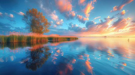 Wide open countryside fields with fresh green grass after rain, puddles reflecting cloudy skiesの素材