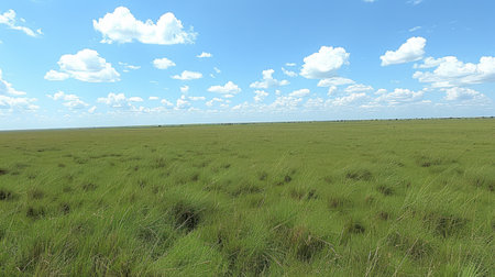 Open plain of bright green grasslands under vast skies filled with fluffy cumulus cloudsの素材