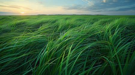 Vast open green fields with tall grass swaying in the breeze, distant tree line on the horizonの素材