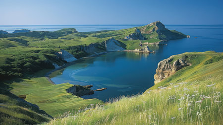 Vast open green fields with tall grass swaying in the breeze, distant tree line on the horizonの素材