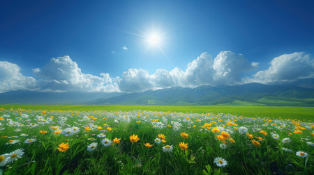 Open plain of bright green grasslands under vast skies filled with fluffy cumulus cloudsの素材