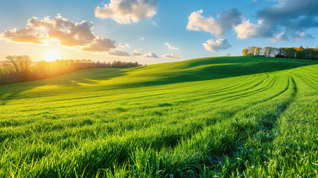 Open pastures of rich green grass stretching to the horizon, soft sunlight filtering through thin cloudsの素材