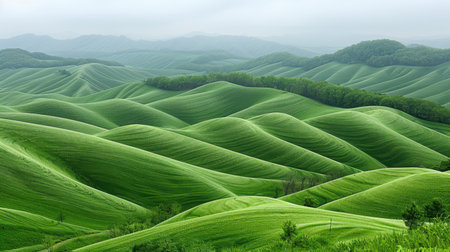 Open pastures of rich green grass stretching to the horizon, soft sunlight filtering through thin cloudsの素材