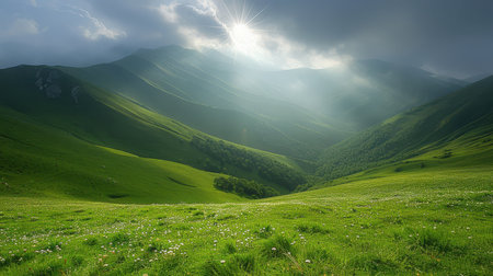 Open pastures of rich green grass stretching to the horizon, soft sunlight filtering through thin cloudsの素材