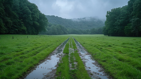 Wide open countryside fields with fresh green grass after rain, puddles reflecting cloudy skiesの素材
