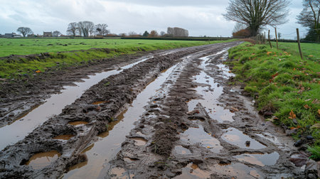 Wide open countryside fields with fresh green grass after rain, puddles reflecting cloudy skiesの素材