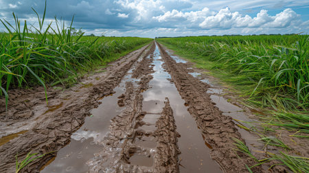 Wide open countryside fields with fresh green grass after rain, puddles reflecting cloudy skiesの素材