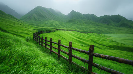 Rolling green hills stretching to the horizon under a moody, overcast sky, soft dramatic lightの素材