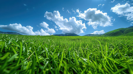 Open plain of bright green grasslands under vast skies filled with fluffy cumulus cloudsの素材