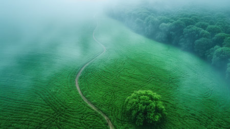 Pathway winding through vast green fields toward a distant forest, light fog rolling over the groundの素材