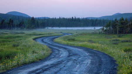 Pathway winding through vast green fields toward a distant forest, light fog rolling over the groundの素材