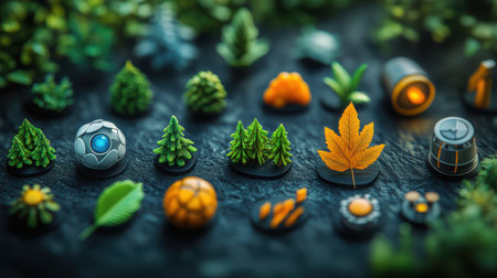 Pixel-perfect environment icons, including a forest, leaf, and renewable energy sources, designed for seamless editing and scalability.の素材