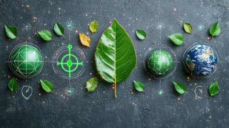 A cohesive set of ecology line icons, featuring a leaf, earth, and green energy symbols, designed for digital and print use.の素材