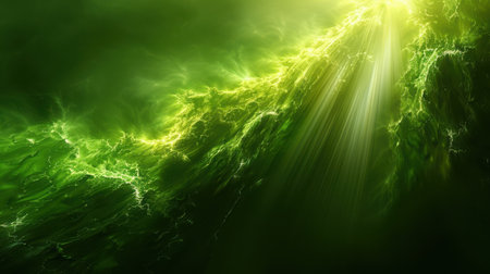 Vivid green light rays bursting from a central point on a dark green background, high-energy, clean lookの素材