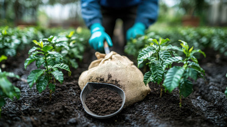 Coffee seedling nursery scene with scoop resting in bag of soil, rows of young plants in morning lightの素材