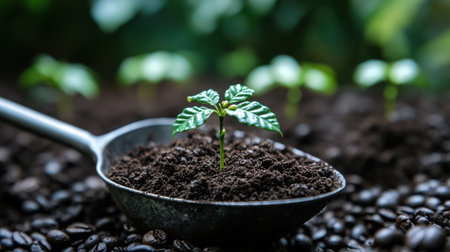 A metal scoop cradling rich dark soil with a tiny coffee seedling sprouting, shallow depth of field with more seedlings in backgroundの素材