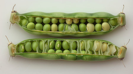 A cross-section view of a green bean seed showing its internal structure, photographed against a clean white backgroundの素材