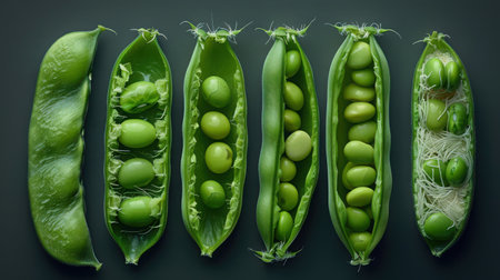A time-lapse style composition showing five stages of green bean seed development from dry seed to sprouted seedlingの素材