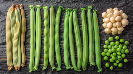 A collection of green bean seeds at various stages - whole dried pods, shelled seeds, and fresh green beans - arranged on a farmhouse tableの素材