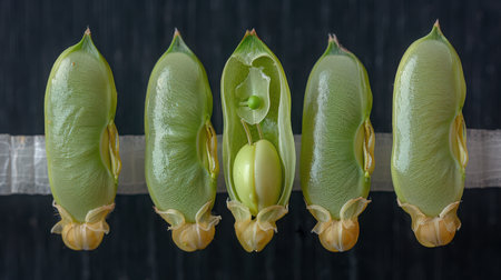 A time-lapse style composition showing five stages of green bean seed development from dry seed to sprouted seedlingの素材