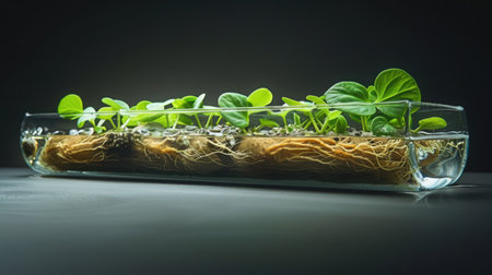 A single green bean seed germinating in a clear glass terrarium, showing root development and emerging shoot against black backgroundの素材
