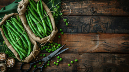 Vintage-style seed packets containing green bean seeds arranged on a wooden table with gardening shears and twineの素材
