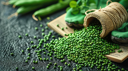 Green bean seeds scattered across an open seed catalog with gardening gloves and twine, creating an inviting planting sceneの素材