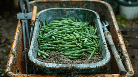Green bean seeds mixed with compost in a wheelbarrow, ready for planting with gardening tools leaning against itの素材