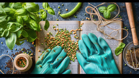 Green bean seeds scattered across an open seed catalog with gardening gloves and twine, creating an inviting planting sceneの素材