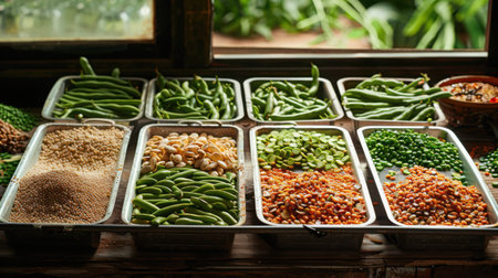 Green bean seeds being sorted on a wooden table, with some still in pods and others shelled, showing different stagesの素材