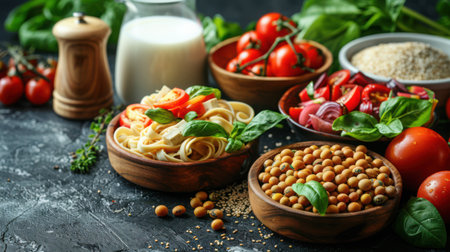 Healthy vegan breakfast spread featuring soy milk, tofu scramble and roasted soybeans with fresh vegetablesの素材