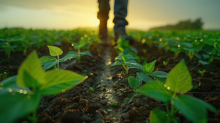 Farmer walking through young soybean plants at dawn, green leaves glistening with morning dew in soft sunlightの素材