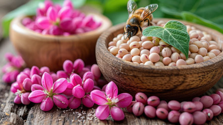 Close-up of soybean flowers in field, delicate purple blooms attracting honeybees for pollinationの素材