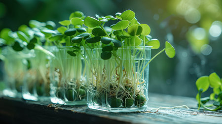 Soybean sprouts growing in clear glass containers showing root development and young leaves unfurlingの素材