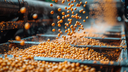 Soybean harvest being loaded into grain truck, golden beans flowing in continuous stream under afternoon sunの素材