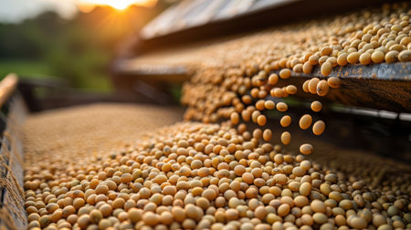 Soybean harvest being loaded into grain truck, golden beans flowing in continuous stream under afternoon sunの素材