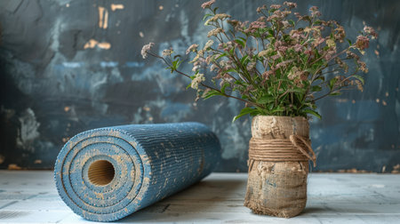 A white yoga mat rolled up on a white floor, wellness aesthetic, peaceful and minimalistの素材