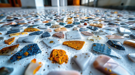 Sunbleached Terrazzo" - A terrazzo-style marble tile with tiny chips of pale grey, cream, and gold suspended in a white base, evoking sun-bleached stone.の素材