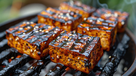 Grilled Tofu Char Marks" - Close-up of smoky grilled tofu, deep char lines crisscrossing its surface. Glazed with a glossy teriyaki sheen, sesame seeds scattered atop.の素材