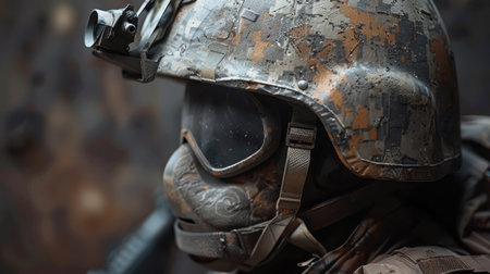 Military tactical helmet with night vision mount, showing matte camouflage finish and accessory rail system detailsの素材