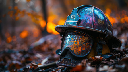 Firefighter's helmet with heat-resistant coating, showing slight melting marks and soot accumulation from real fire exposureの素材