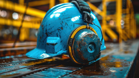 Safety helmet with built-in ear protection, showing padded muffs and adjustable headband mechanismの素材