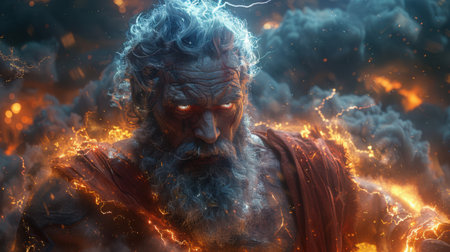 Zeus in a moment of wrath, eyes blazing with lightning, muscular arms outstretched, summoning a thunderstorm, dark clouds swirling, ultra-cinematic 8K renderingの素材
