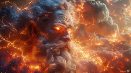 3D fantasy rendering of Zeus surrounded by lightning, epic atmospheric clouds, glowing eyes, ancient Greek god auraの素材