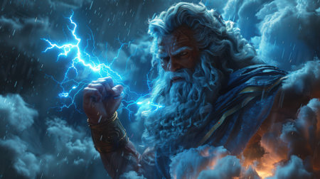 Hyper-realistic Zeus, thunderstorm raging around him, powerful lightning in hand, standing amidst storm clouds, cinematic 3Dの素材